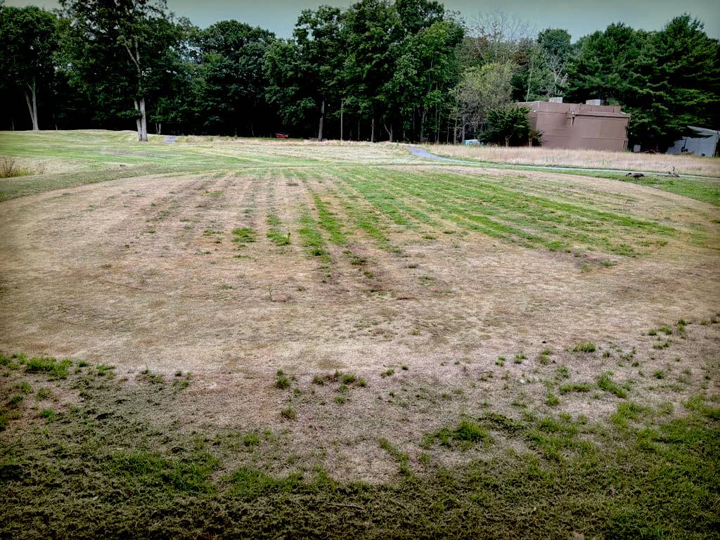 The 18th green looking back up the 18th fairway, spring 2024, before the rebuild began