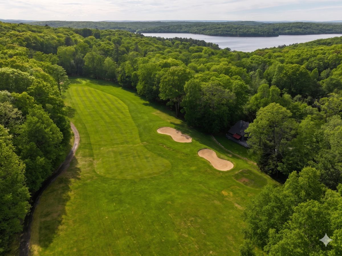 Hole 6 fairway, par 4 with two bunkers short of the green and the lake visible beyond