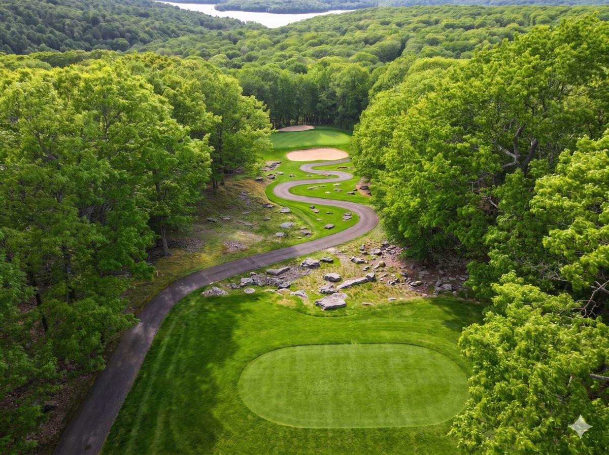 Hole 16, par 3, looking down from an elevated tee toward the green