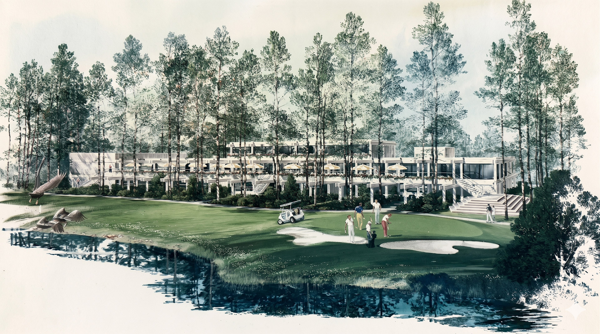 Architectural rendering of the original Paupack Hills clubhouse — a long horizontal building nestled in pines, a pond in the foreground, golfers on the green.